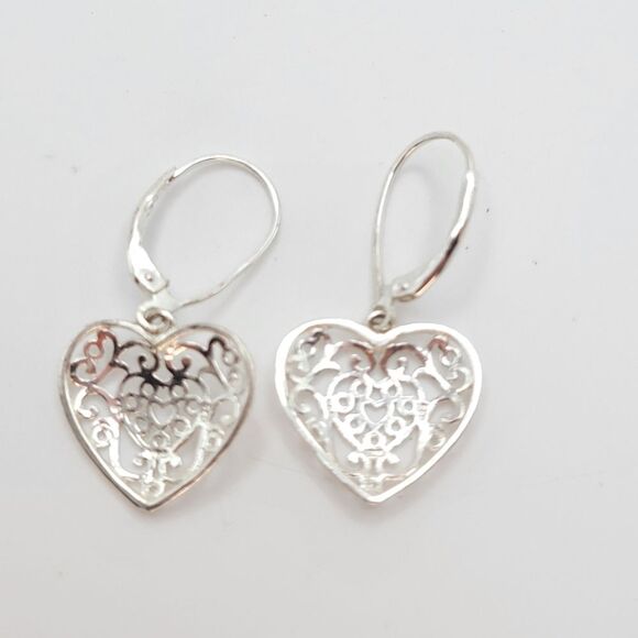 Filigree Open Work Heart Sterling Silver Earrings - Picture 4 of 6